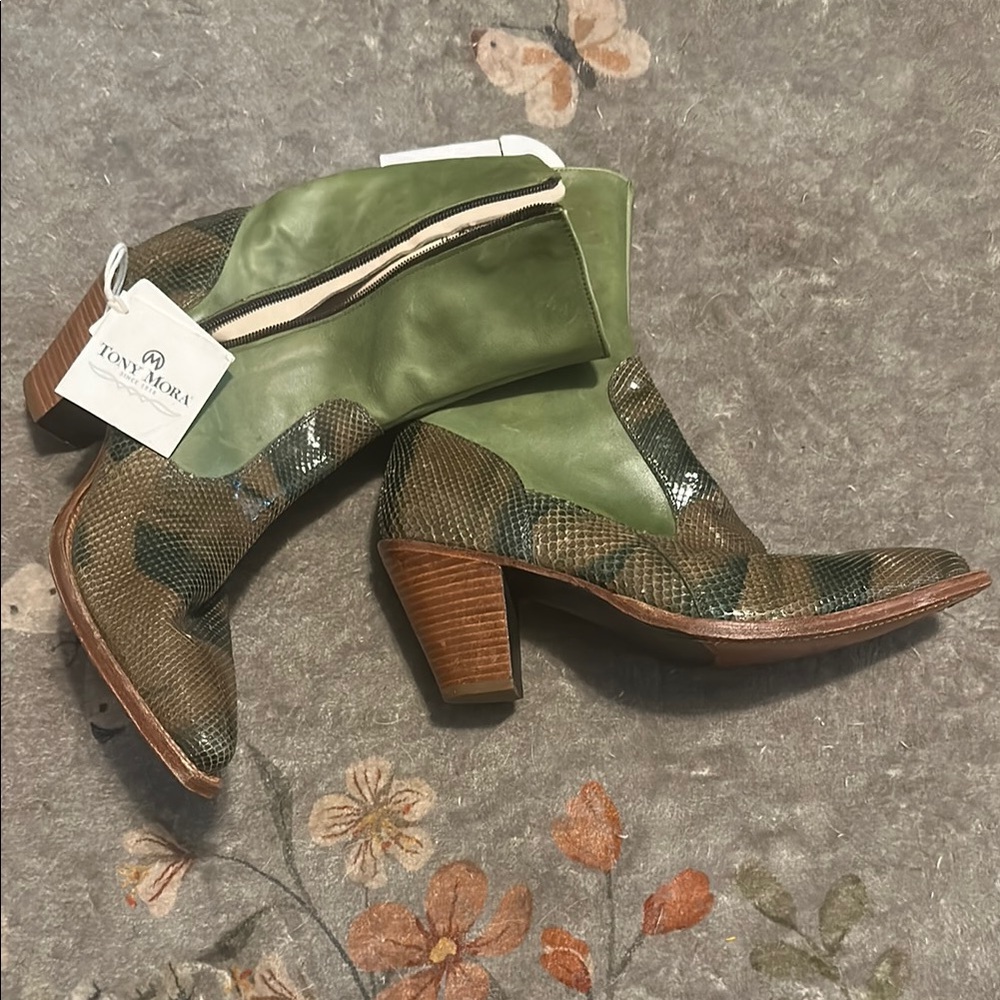 Green and Brown Heeled Boots with Western Flair Made in Spain
